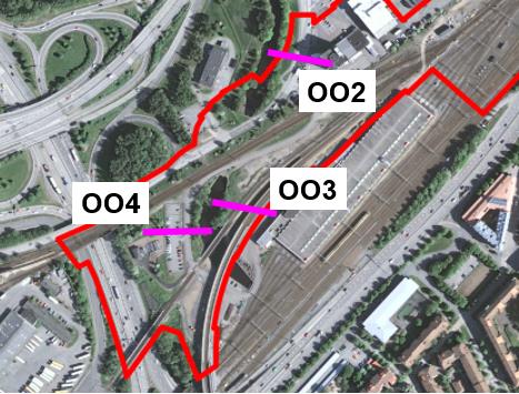 Figur 7 Utförda beräkningssektioner längs med Gullbergsån Västlänken (röd linje visar detaljplanegränsen).