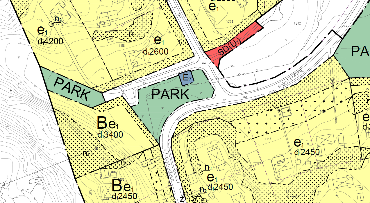 I översiktskarta (2) markerad med G Fastighetsreglering på mark mellan väg och privat fastighet på Rakstavägen och Rakstaringen samt mark för transformatorstation, E 2, och infart till den framtida