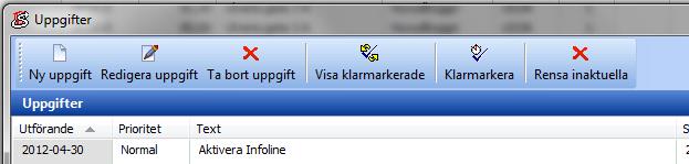 Uppgifter Uppgifter har flyttats från infovyn till ett eget formulär för att ge bättre plats till Stringenta Infoline.