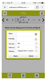 Rapportera Utlägg Klicka på menysymbolen och du skickas tillbaks till menyn. Klicka på Utlägg.