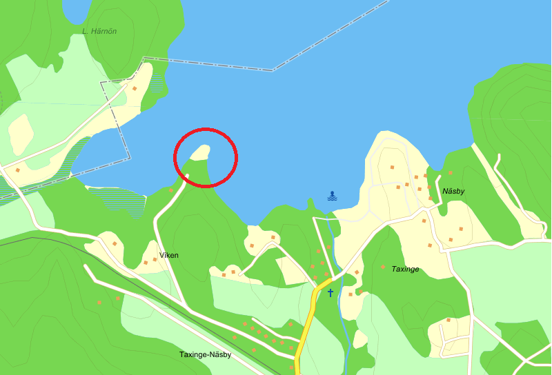 repo001.docx -0- Figur. Läge för mottagningshamn vid Taxinge (Karta: Eniro) Den aktuella fastigheten Näsby : i Nykvarns kommun är uppdelad i två områden. Det norra området omfattar hamnen.