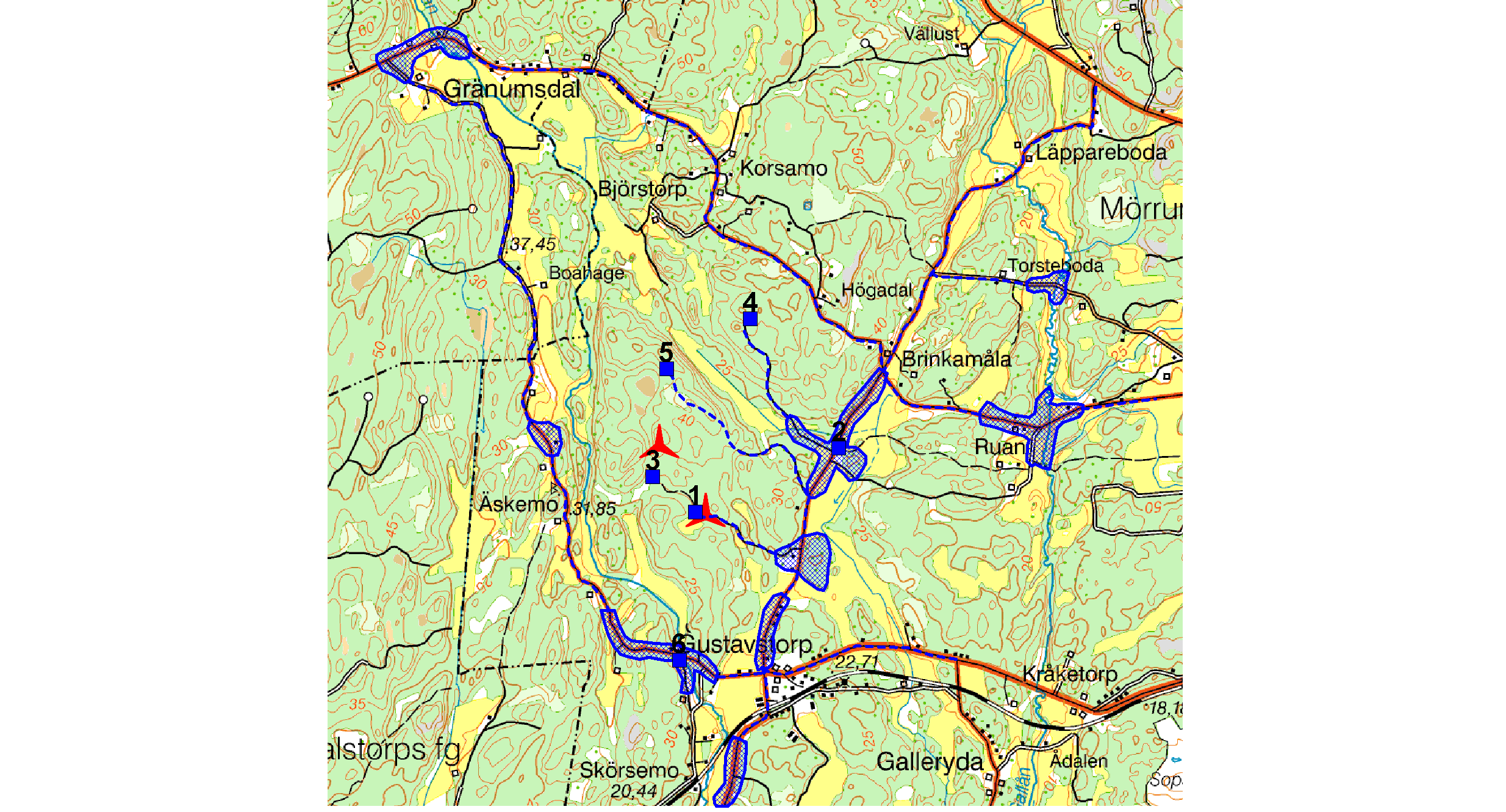 Figur 1. Karta över det inventerade området där planerade vindkraftverk är markerade med röda propellrar.