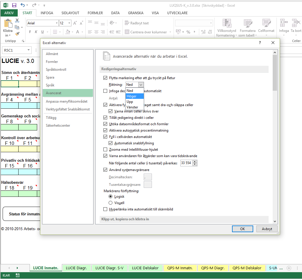 LUCIE v.3.0b manual 19b. Ändring av inmatningsriktning i Excel 20