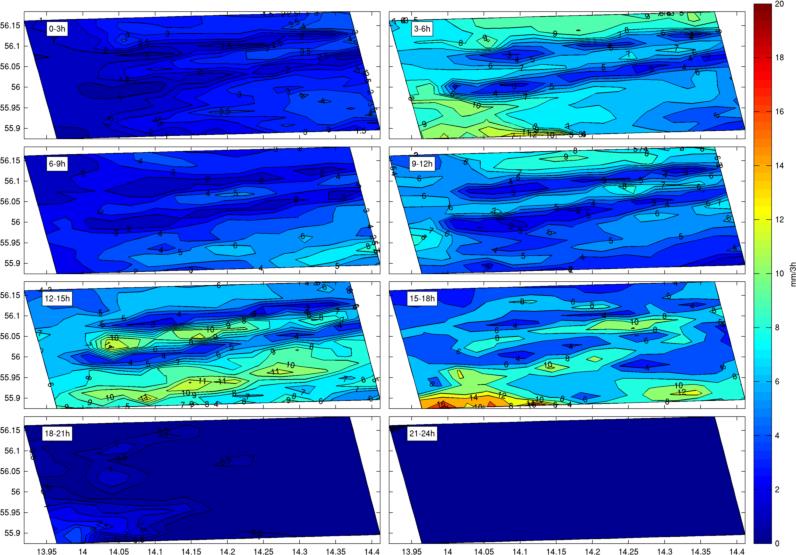 Figure 3: 24-hour distribution of precipitation in 3-hour intervals (00:00-24:00). Each rectangle represents 3 hours.