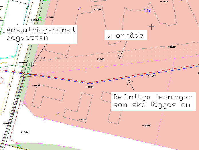 Figur 5: Befintliga ledningar inom planområdet. 2.5.1 Vattengångar Vattengång för anslutningspunkten för dagvatten saknas, men nivån i en brunn på andra sidan Mölltorpsvägen (bara ett fåtal meter nedströms) är +7,85 m.