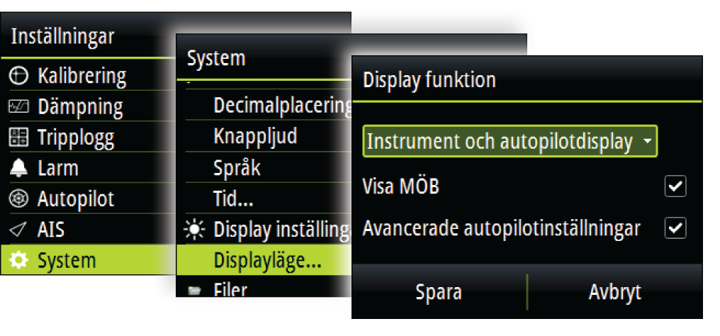 Display funktion Triton²-enheten kan ställas in som enbart ett instrument, som enbart en autopilotdisplay eller som en kombination av dessa två displaylägen.