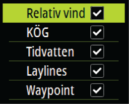 7 Sann vindvinkel (SVV) Grön om sann vindvinkel hålls i motvind eller medvind. Blå om målet missas med 10 eller mer, eller vid pågående separat delsträcka.