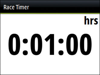 Racetimer och Tripplogg stannar kvar på skärmen tills du trycker på knappen Sidor. Racetimer Racetimer kan användas för att räkna ned till en angiven tid, perfekt för att räkna ned till en racestart.