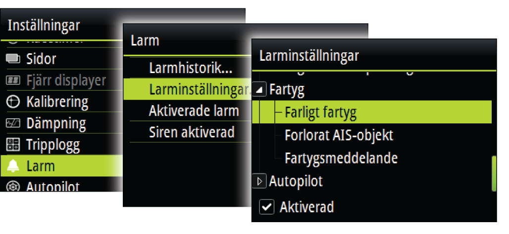 Mer information om larm finns i "Larm" på sida 58. Farligt fartyg Kontrollerar om ett larm ska aktiveras när ett fartyg kommer närmare än avståndet för CPA inom tidsgränsen för TCPA.