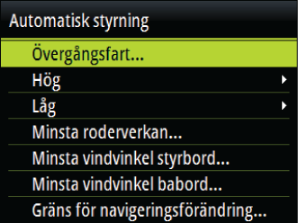 Automatisk styrning (AC12N/AC42N) Det här alternativet gör det möjligt att manuellt ändra parametrar som ställdes in under autopilotdatorns idrifttagning.
