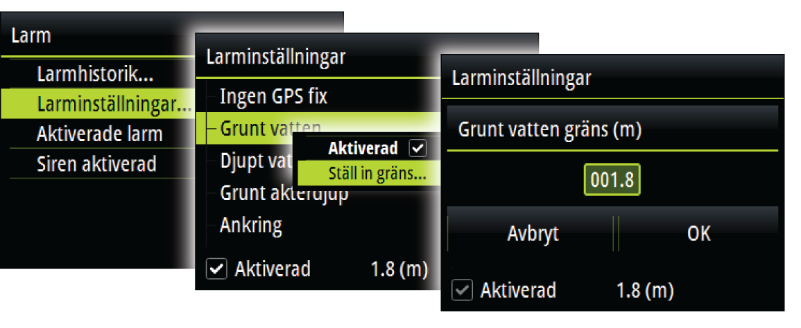 Aktivera larmsystemet och larmsirenen Du aktiverar larmsystemet och larmsirenen från menyn Larm.