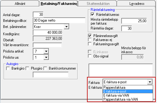 Inställningar i kundregistret I kundregistret ställer du in på vilket sätt kunden ska faktureras. Gå till Register Kontakt - Kund och ange/skapa GLN på fliken Allmänt.