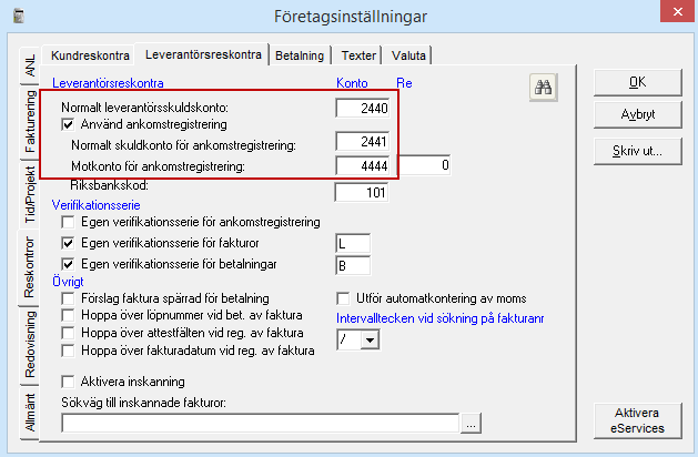 Inställningar leverantör För att kunna ta emot leverantörsfakturor måste leverantören ha ett GLN-nummer. Den läggs in i Register - Kontakt - Leverantör under fliken Allmänt på leverantören.