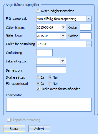 Exempel2: Dagens datum är 20:e mars (dvs efter den 10:e) och du registrerar en marsfrånvaro (vilket inte är möjligt att få med frånvaron i innevarande lön).