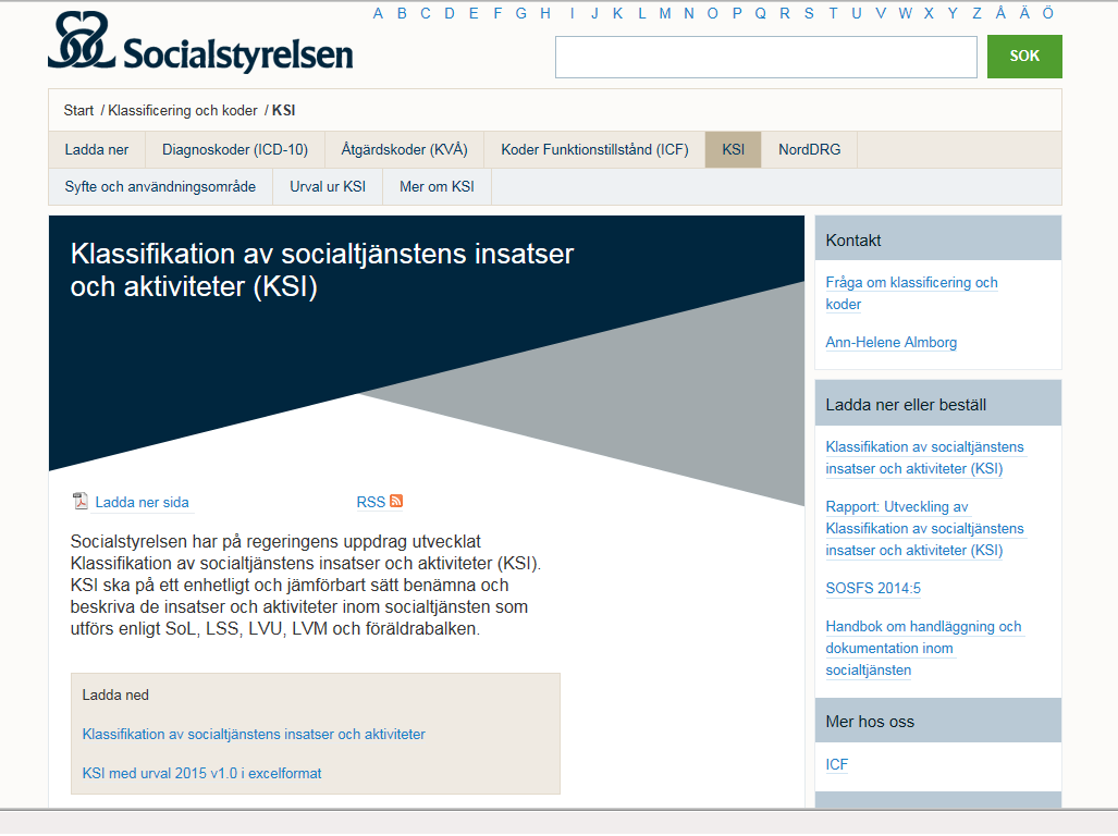 Mer om.. KSI ladda ner i olika format, urval, fråga om klassificering och koder http://www.socialstyrelsen.se/klassificeringo chkoder/ksi http://www.socialstyrelsen.se/publikationer2 015/2015-1-6 Rapport om utveckling av KSI http://www.