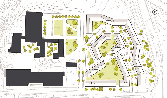 Sida 5 (11) Förslagets utformning, Gymnasium och idrottshall i svart. Utopia arkitekter. Förslaget till markanvisning har 0,5 parkeringsplatser/ lägenhet. Parkering ska ske i garage.
