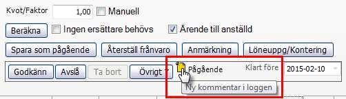 Om man öppnar ärendet så visas även "post-it"- lapp där. När ärendeloggen öppnats så blir markeringen vit och det betyder att det finns en läst notering.