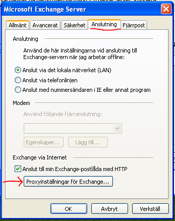 9. Nu är det till slut rutan för fler inställningar. 10. Gå till fliken Anslutning. Bocka i rutan Anslut till min Exchange-postlåda med http. Tryck sedan på knappen Proxy inställningar för Exchange.