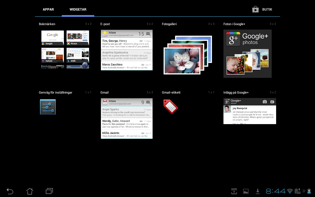 Galleriwidget Fotogalleri widget ger omedelbar åtkomst till dina favoritbilder eller album direkt från