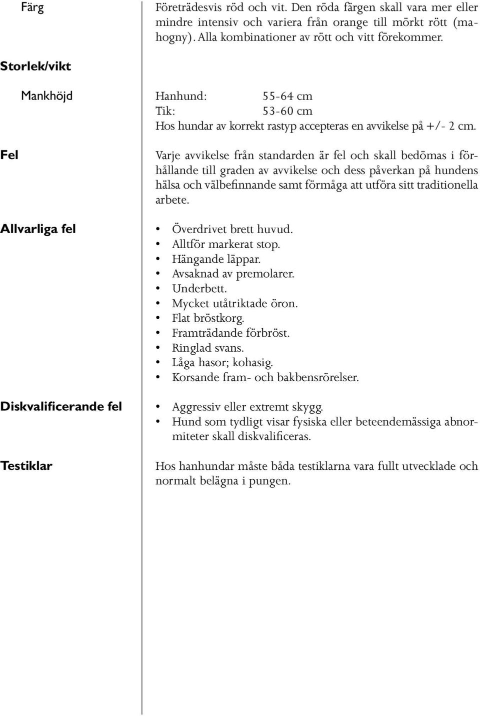 Fel Allvarliga fel Diskvalificerande fel Testiklar Varje avvikelse från standarden är fel och skall bedömas i förhållande till graden av avvikelse och dess påverkan på hundens hälsa och välbefinnande