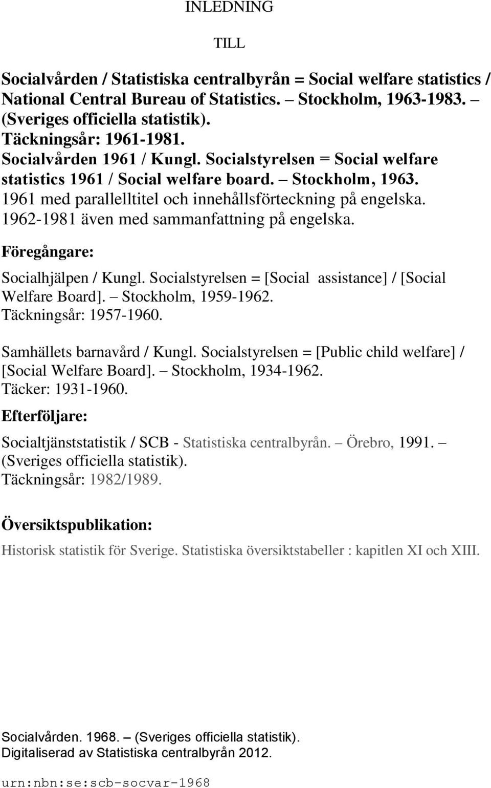 1961 med parallelltitel och innehållsförteckning på engelska. 1962-1981 även med sammanfattning på engelska. Föregångare: Socialhjälpen / Kungl.