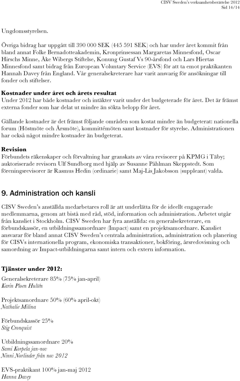 Stiftelse, Konung Gustaf Vs 90-årsfond och Lars Hiertas Minnesfond samt bidrag från European Voluntary Service (EVS) för att ta emot praktikanten Hannah Davey från England.