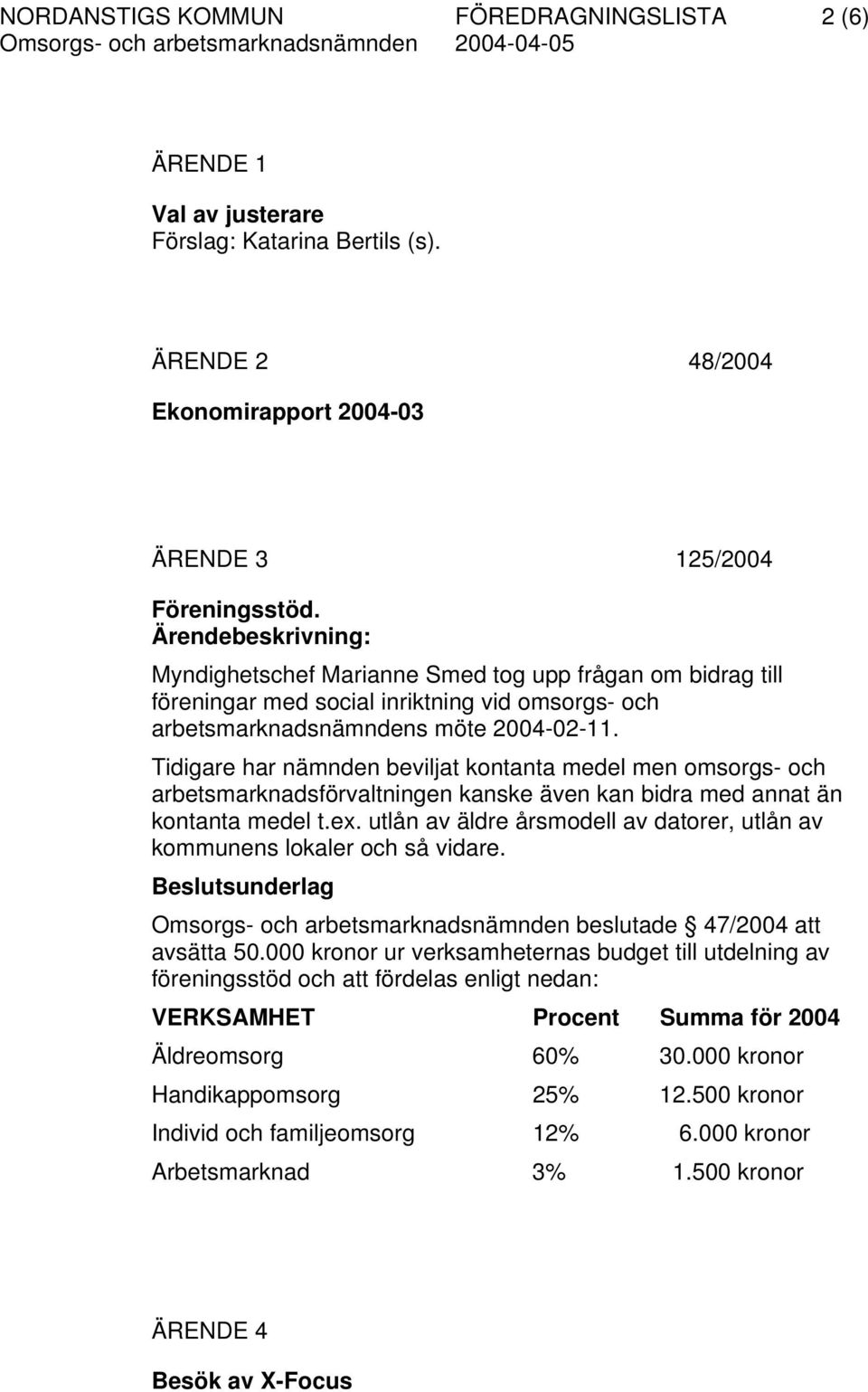 Tidigare har nämnden beviljat kontanta medel men omsorgs- och arbetsmarknadsförvaltningen kanske även kan bidra med annat än kontanta medel t.ex.