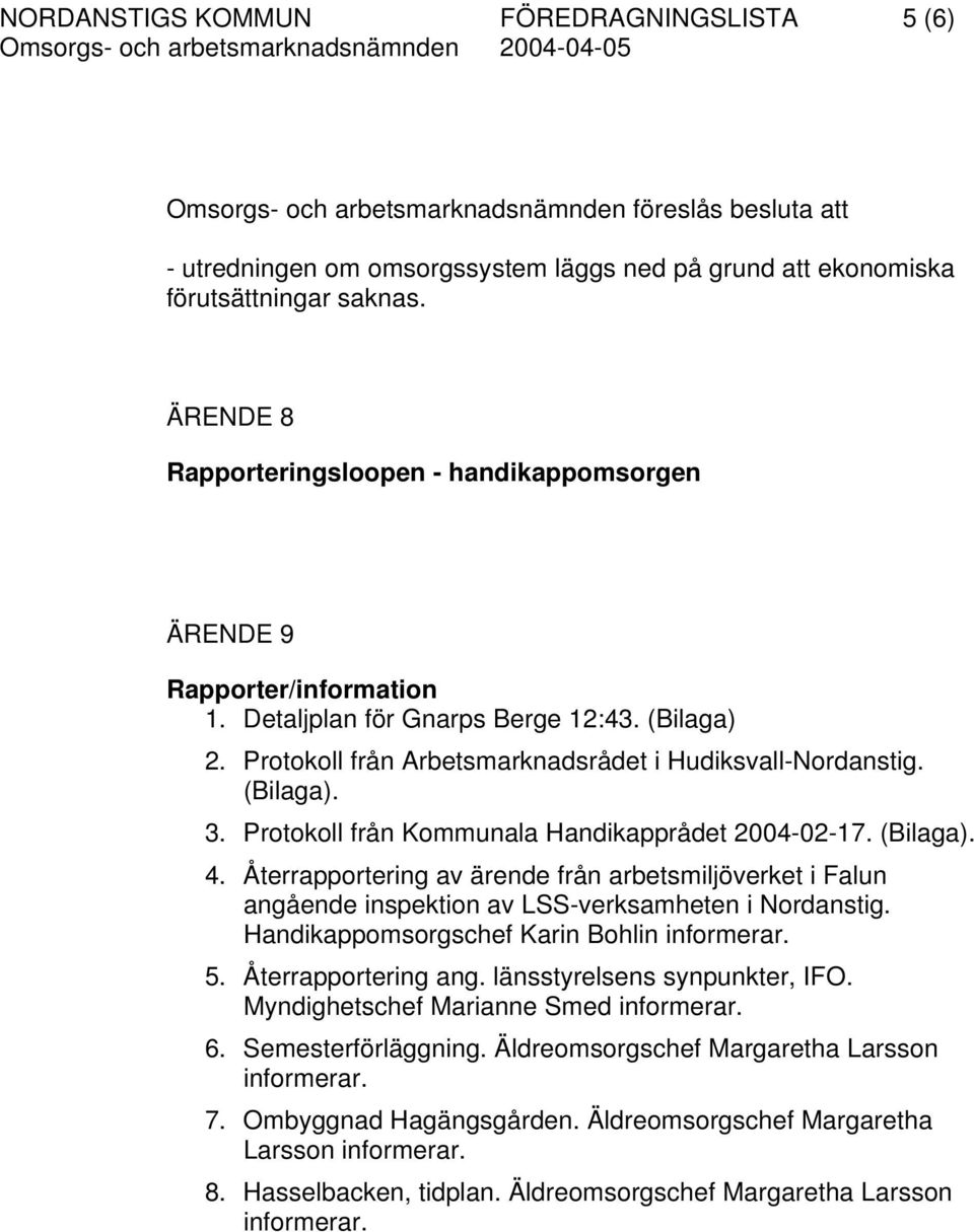 Protokoll från Kommunala Handikapprådet 2004-02-17. (Bilaga). 4. Återrapportering av ärende från arbetsmiljöverket i Falun angående inspektion av LSS-verksamheten i Nordanstig.