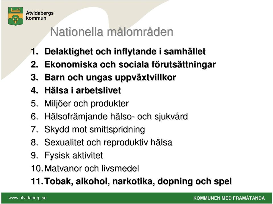 Hälsa i arbetslivet 5. Miljöer och produkter 6. Hälsofrämjande hälsoh lso- och sjukvård 7.