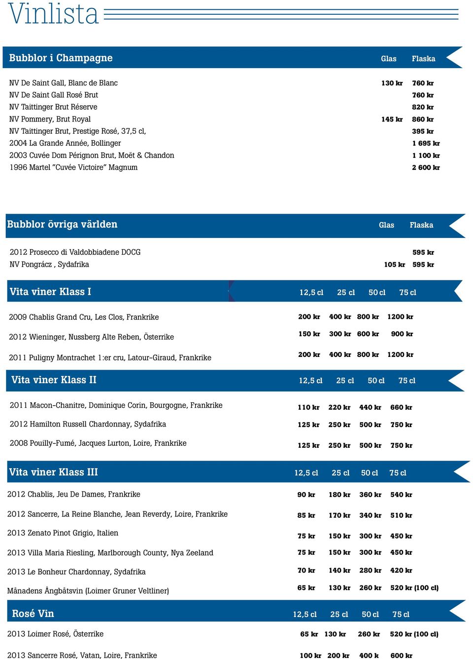 övriga världen Glas Flaska 2012 Prosecco di Valdobbiadene DOCG 595 kr NV Pongrácz, Sydafrika 105 kr 595 kr Vita viner Klass I 12,5 cl 25 cl 50 cl 75 cl 2009 Chablis Grand Cru, Les Clos, Frankrike