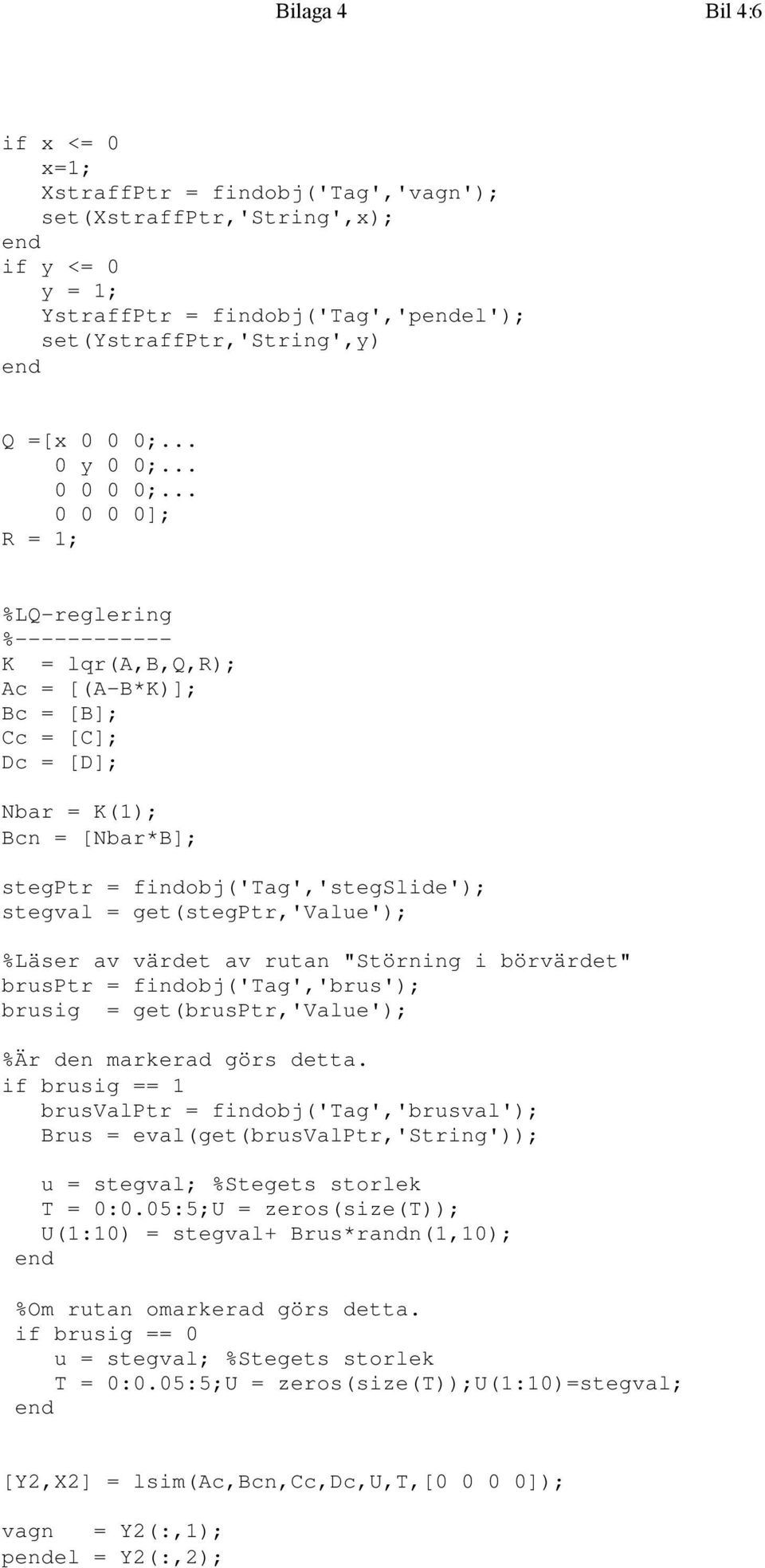 .. 0 0 0 0]; R = 1; %LQ-reglering %------------ K = lqr(a,b,q,r); Ac = [(A-B*K)]; Bc = [B]; Cc = [C]; Dc = [D]; Nbar = K(1); Bcn = [Nbar*B]; stegptr = findobj('tag','stegslide'); stegval =