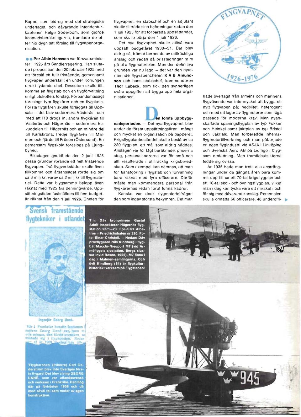 Han slutade i proposition den 20 februari 1925 med att föreslå ett fullt fristående, gemensamt flygvapen underställt en under Konungen direkt lydande chef.