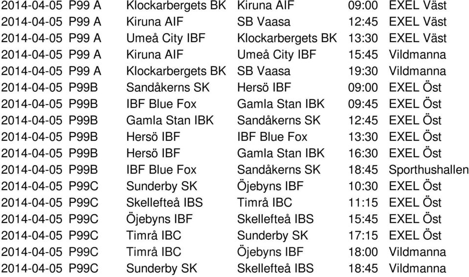 09:45 EXEL Öst 2014-04-05 P99B Gamla Stan IBK Sandåkerns SK 12:45 EXEL Öst 2014-04-05 P99B Hersö IBF IBF Blue Fox 13:30 EXEL Öst 2014-04-05 P99B Hersö IBF Gamla Stan IBK 16:30 EXEL Öst 2014-04-05