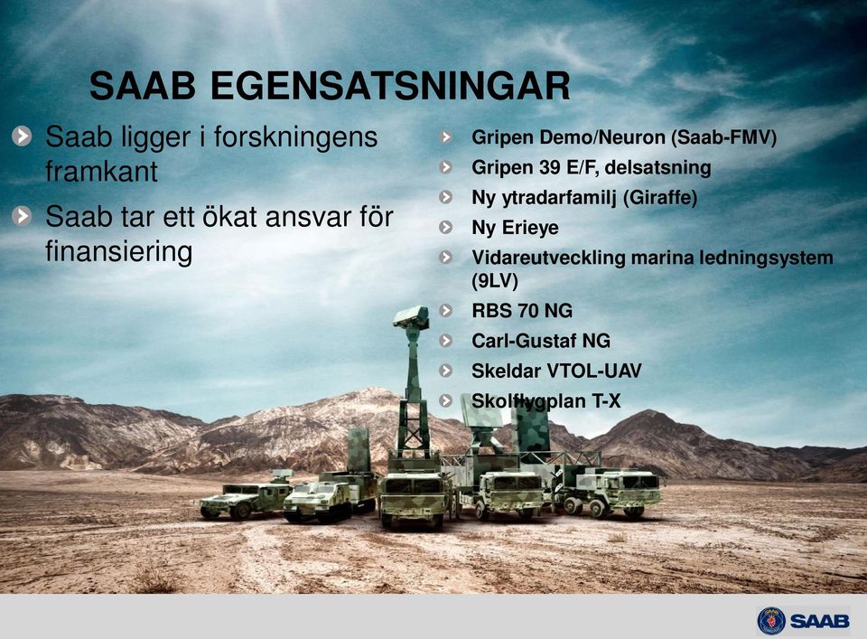 delsatsning Ny ytradarfamilj (Giraffe) Ny Erieye Vidareutveckling marina