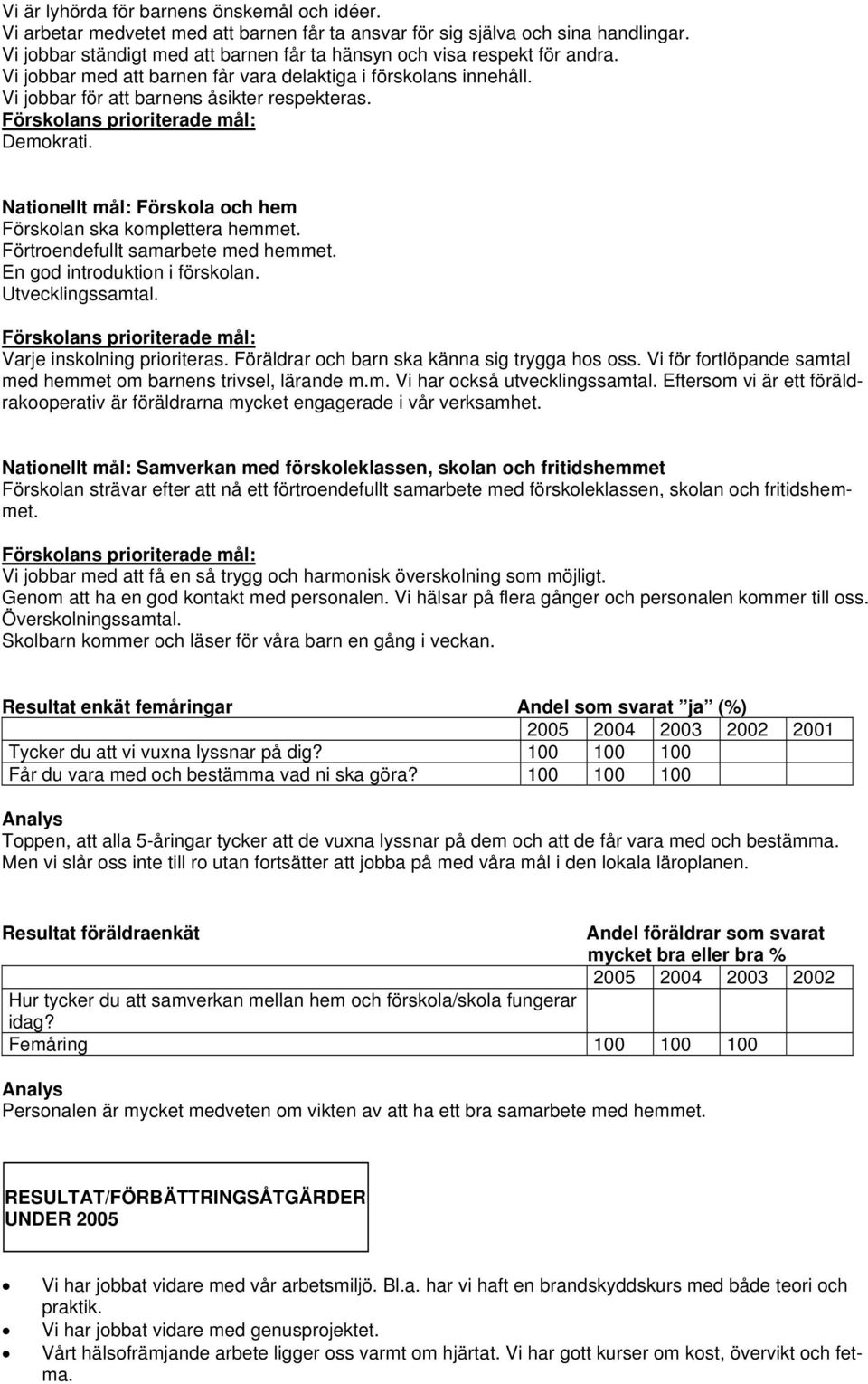 Nationellt mål: Förskola och hem Förskolan ska komplettera hemmet. Förtroendefullt samarbete med hemmet. En god introduktion i förskolan. Utvecklingssamtal. Varje inskolning prioriteras.