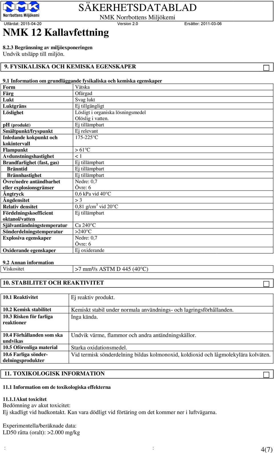 ph (produkt) Ej tillämpbart Smältpunkt/fryspunkt Ej relevant Inledande kokpunkt och 175-225 C kokintervall Flampunkt > 61 C Avdunstningshastighet < 1 Brandfarlighet (fast, gas) Ej tillämpbart