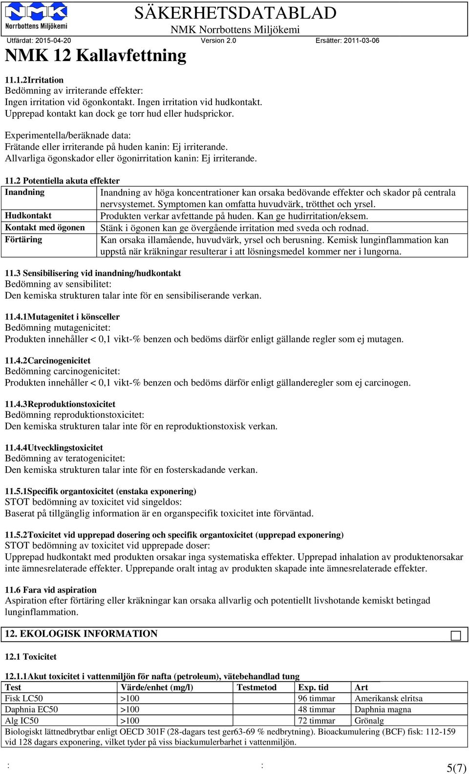 2 Potentiella akuta effekter Inandning Inandning av höga koncentrationer kan orsaka bedövande effekter och skador på centrala nervsystemet. Symptomen kan omfatta huvudvärk, trötthet och yrsel.