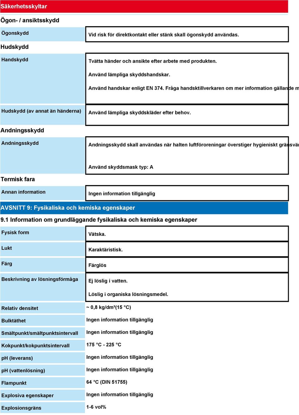 Andningsskydd Andningsskydd Andningsskydd skall användas när halten luftföroreningar överstiger hygieniskt gränsvär Använd skyddsmask typ: A Termisk fara Annan information AVSNITT 9: Fysikaliska och
