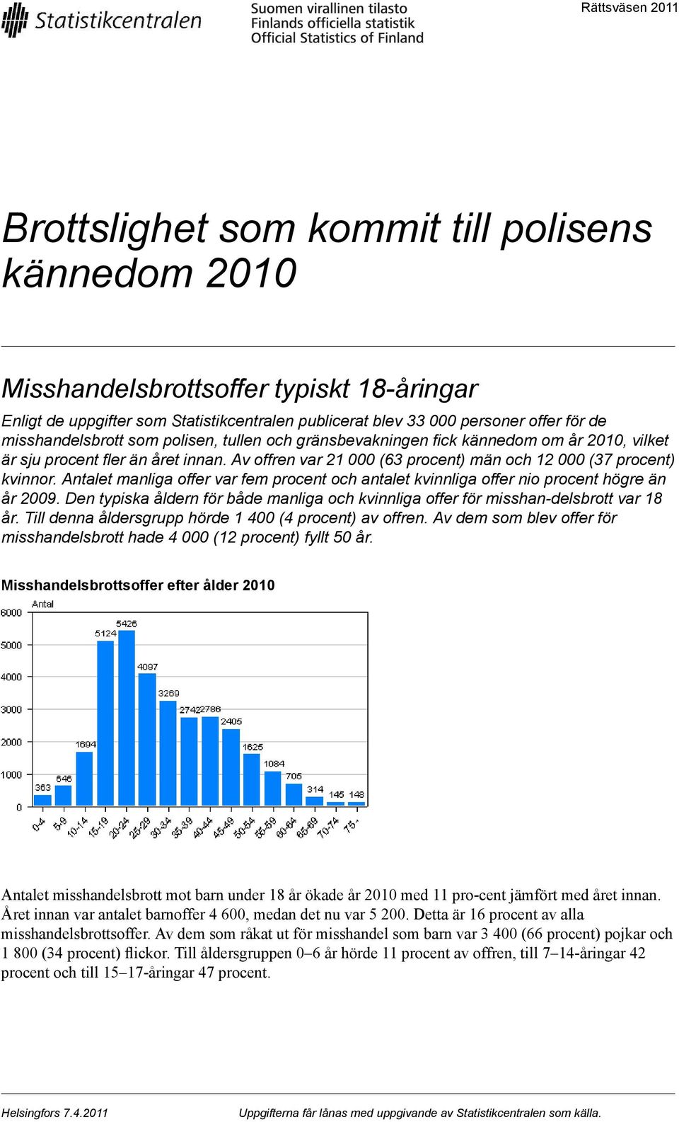 Antalet manliga offer var fem procent och antalet kvinnliga offer nio procent högre än år 2009. Den typiska åldern för både manliga och kvinnliga offer för misshandelsbrott var 8 år.