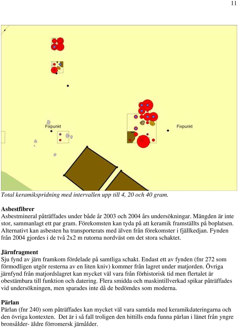 Fynden från 2004 gjordes i de två 2x2 m rutorna nordväst om det stora schaktet. Järnfragment Sju fynd av järn framkom fördelade på samtliga schakt.
