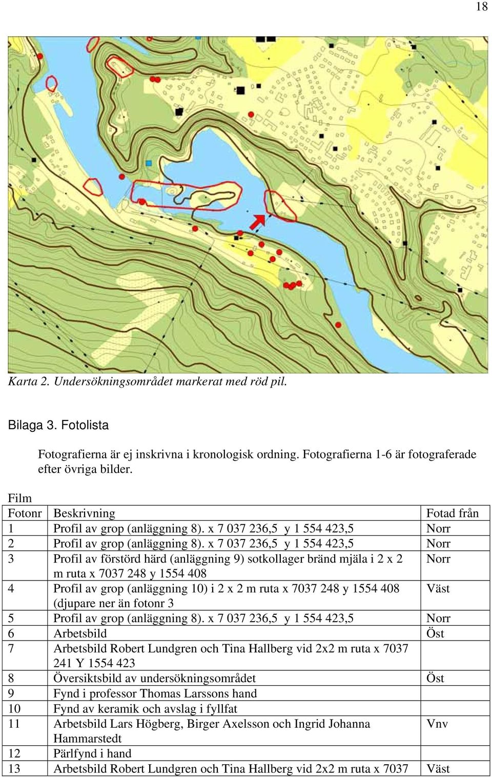 x 7 037 236,5 y 1 554 423,5 Norr 3 Profil av förstörd härd (anläggning 9) sotkollager bränd mjäla i 2 x 2 Norr m ruta x 7037 248 y 1554 408 4 Profil av grop (anläggning 10) i 2 x 2 m ruta x 7037 248