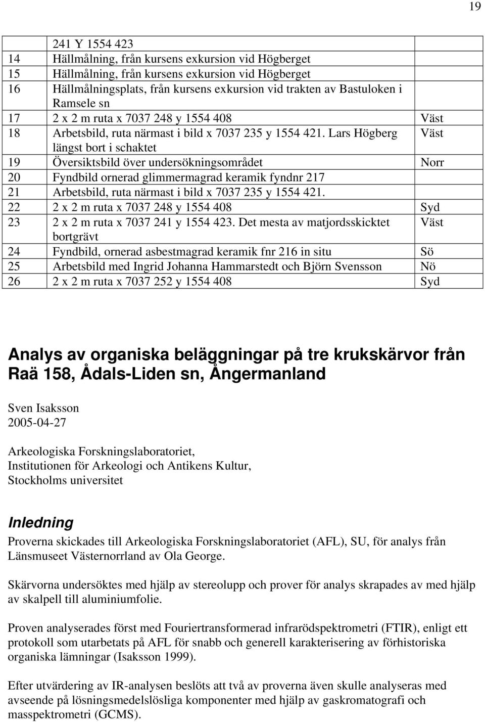 Lars Högberg Väst längst bort i schaktet 19 Översiktsbild över undersökningsområdet Norr 20 Fyndbild ornerad glimmermagrad keramik fyndnr 217 21 Arbetsbild, ruta närmast i bild x 7037 235 y 1554 421.