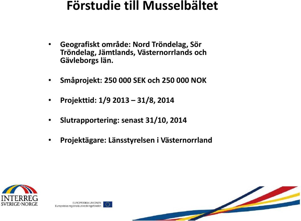 Småprojekt: 250 000 SEK och 250 000 NOK Projekttid: 1/9 2013 31/8,