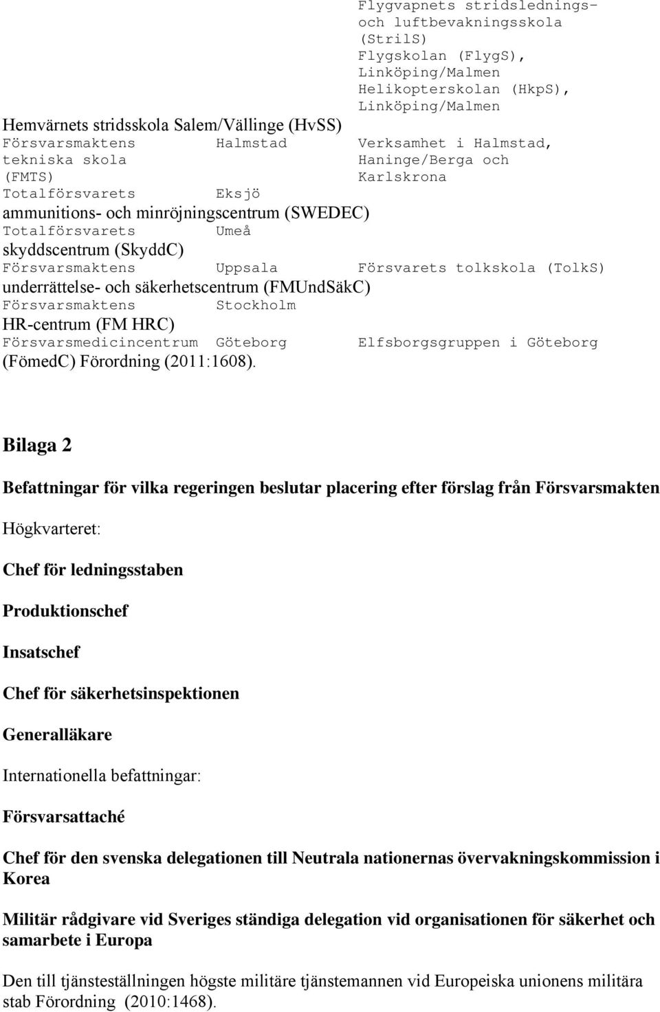 Försvarsmaktens Uppsala Försvarets tolkskola (TolkS) underrättelse- och säkerhetscentrum (FMUndSäkC) Försvarsmaktens Stockholm HR-centrum (FM HRC) Försvarsmedicincentrum Göteborg (FömedC) Förordning