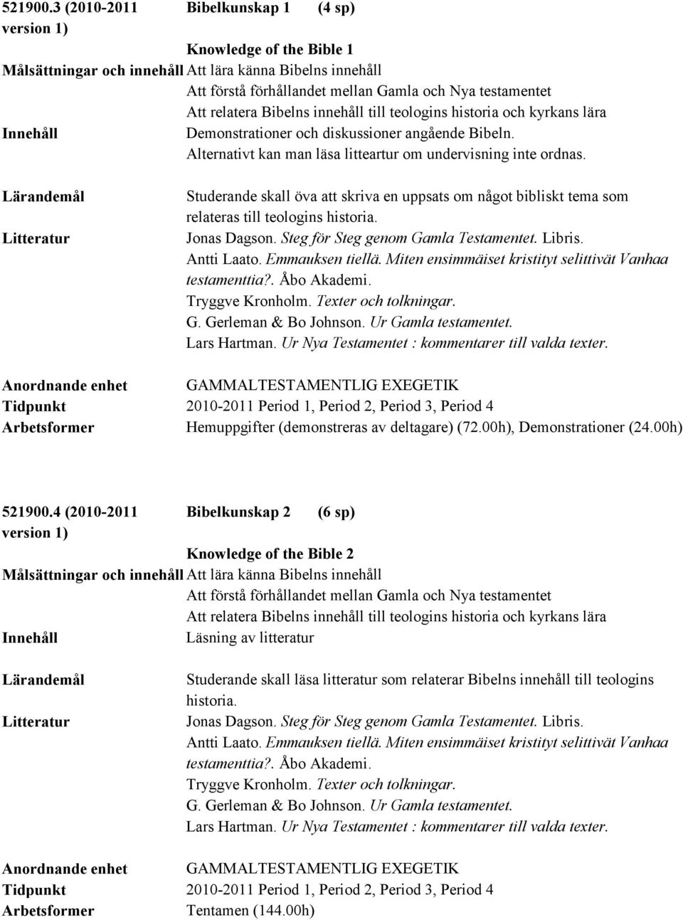 innehåll till teologins historia och kyrkans lära Demonstrationer och diskussioner angående Bibeln. Alternativt kan man läsa litteartur om undervisning inte ordnas.