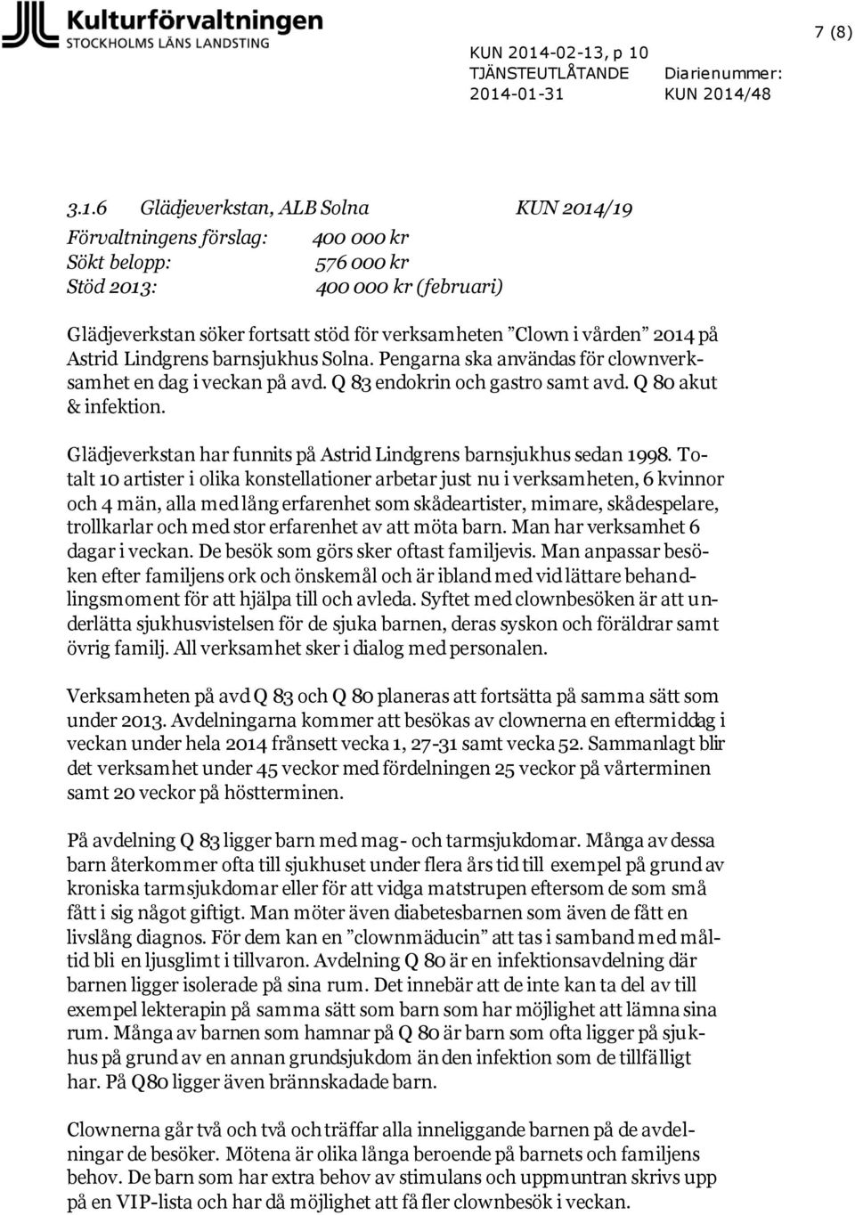Pengarna ska användas för clownverksamhet en dag i veckan på avd. Q 83 endokrin och gastro samt avd. Q 80 akut & infektion. Glädjeverkstan har funnits på Astrid Lindgrens barnsjukhus sedan 1998.