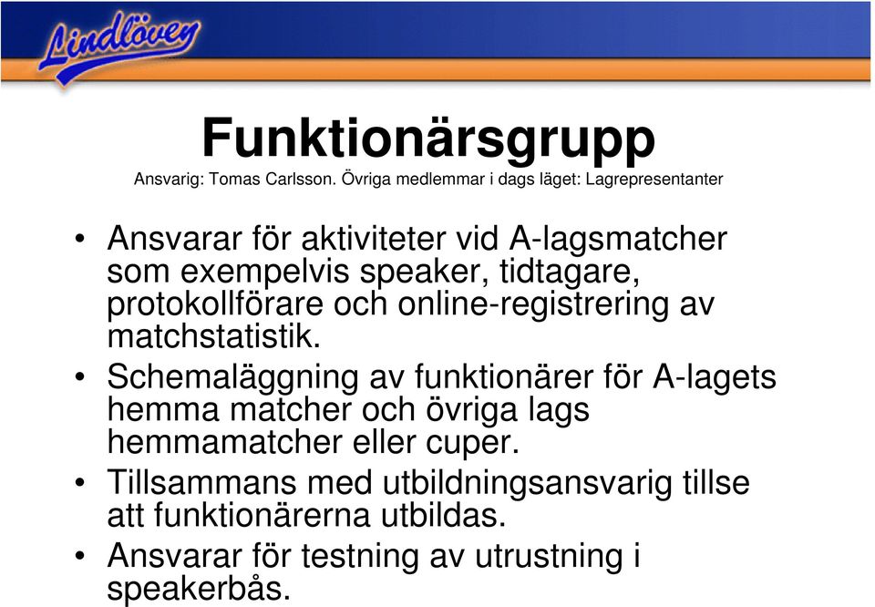 speaker, tidtagare, protokollförare och online-registrering av matchstatistik.