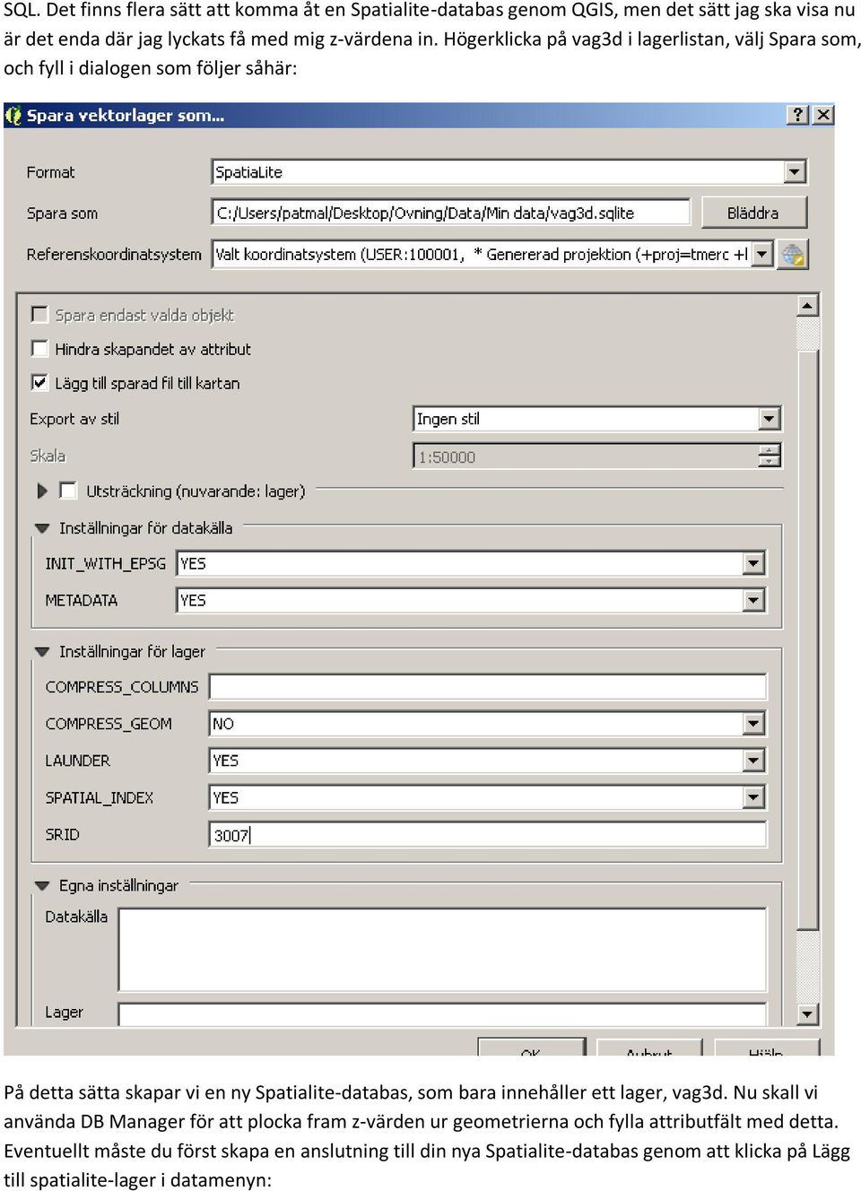 Högerklicka på vag3d i lagerlistan, välj Spara som, och fyll i dialogen som följer såhär: På detta sätta skapar vi en ny Spatialite-databas, som