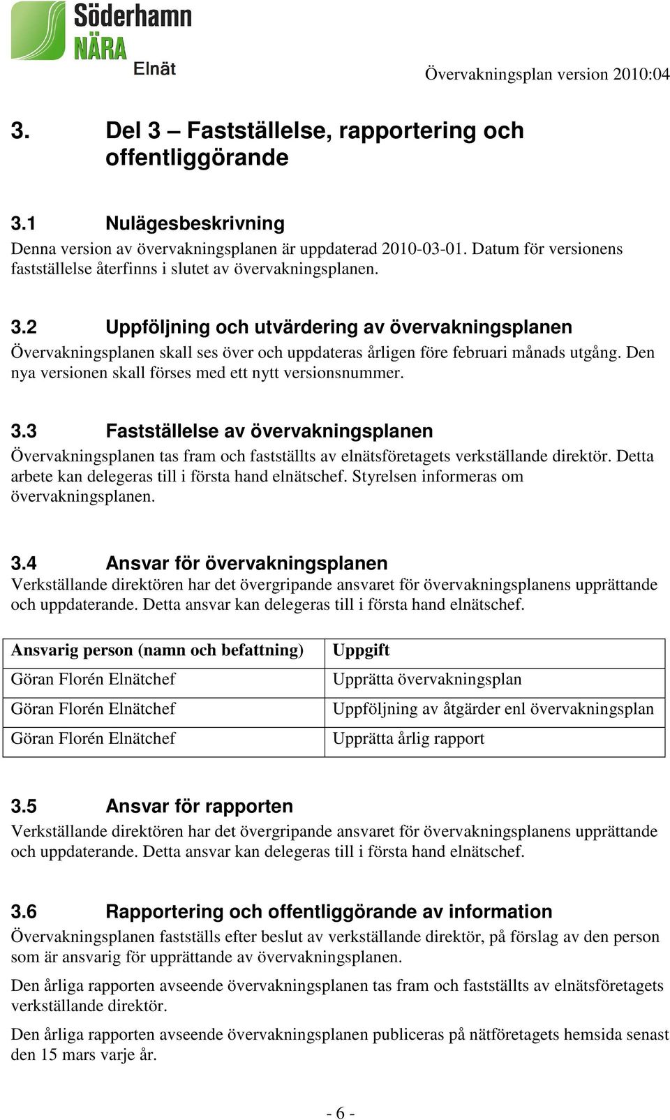 2 Uppföljning och utvärdering av övervakningsplanen Övervakningsplanen skall ses över och uppdateras årligen före februari månads utgång. Den nya versionen skall förses med ett nytt versionsnummer. 3.