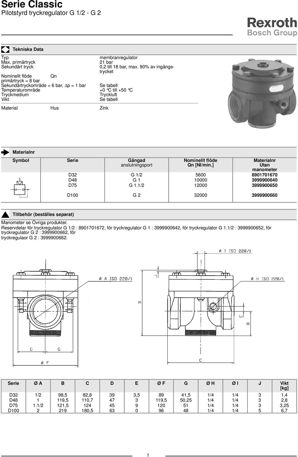 flöde Utan manometer D32 G /2 5600 89070670 D48 G 0000 3999900640 D75 G./2 2000 3999900650 D00 G 2 32000 3999900660 Manometer se Övriga produkter.